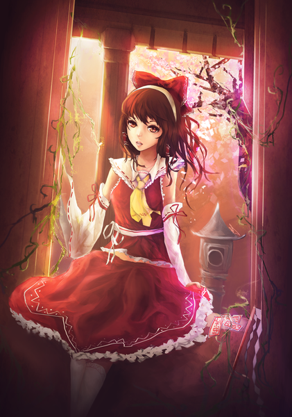 Anime picture 2434x3466 with touhou hakurei reimu cabulb (artist) long hair tall image looking at viewer fringe highres breasts brown hair brown eyes traditional clothes lips cherry blossoms girl thighhighs skirt hair ornament bow plant (plants)