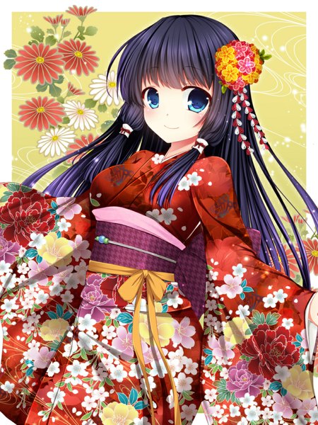 Anime picture 750x1000 with original asazuki kanai single long hair tall image blush blue eyes black hair smile traditional clothes japanese clothes girl hair ornament kimono obi kanzashi