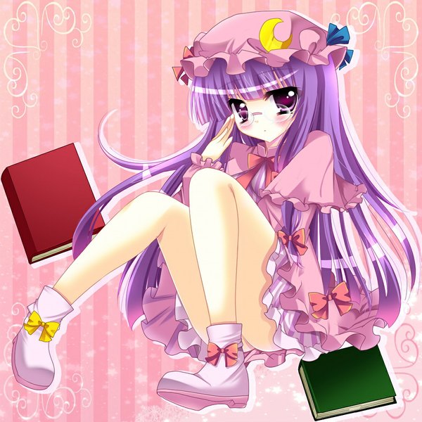 Anime picture 1024x1024 with touhou patchouli knowledge natsumikan single long hair blush light erotic purple eyes purple hair girl glasses book (books)