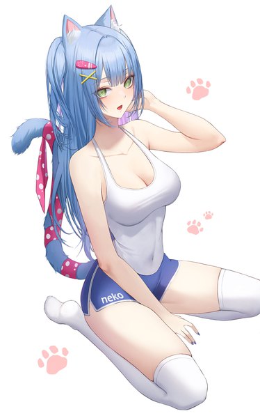 Anime picture 1500x2408 with original ame 816 single long hair tall image looking at viewer fringe breasts open mouth simple background large breasts white background sitting bare shoulders green eyes animal ears payot blue hair full body ponytail
