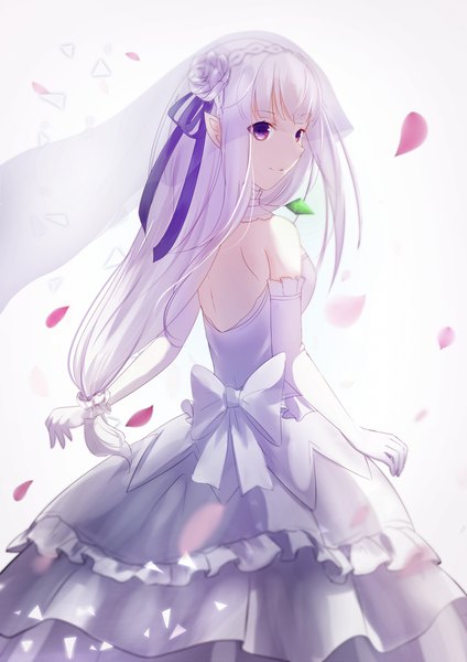 Anime picture 1200x1696 with re:zero kara hajimeru isekai seikatsu white fox emilia (re:zero) mo_ single long hair tall image looking at viewer fringe breasts simple background smile standing white background purple eyes payot silver hair hair flower pointy ears from behind