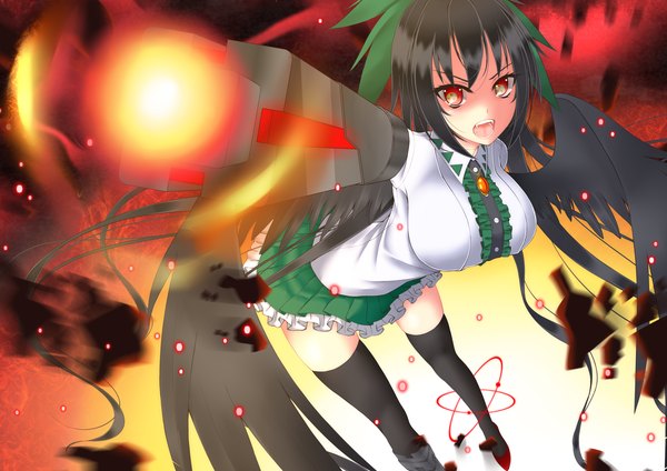 Anime picture 1500x1060 with touhou reiuji utsuho gmot single long hair looking at viewer open mouth black hair red eyes destruction arm cannon girl thighhighs dress bow weapon black thighhighs hair bow wings