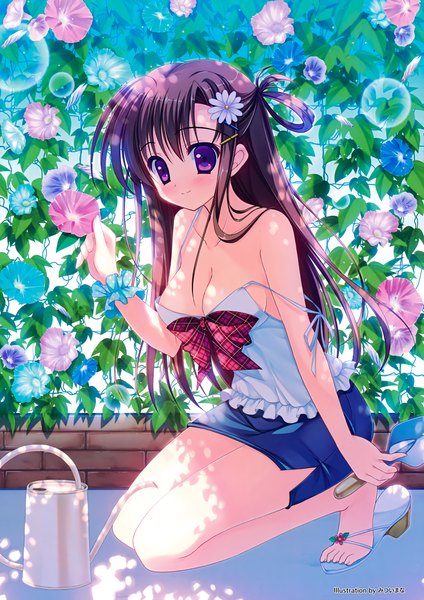 Anime picture 2472x3500 with original mitsui mana single long hair tall image blush highres black hair smile sitting purple eyes bare shoulders scan wrist scrunchie girl skirt hair ornament flower (flowers) scrunchie hair tie