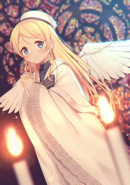 Anime picture 578x818 with love live! school idol project sunrise (studio) love live! ayase eli nagareboshi single long hair tall image looking at viewer blush blue eyes blonde hair smile girl wings beret candle (candles) stained glass