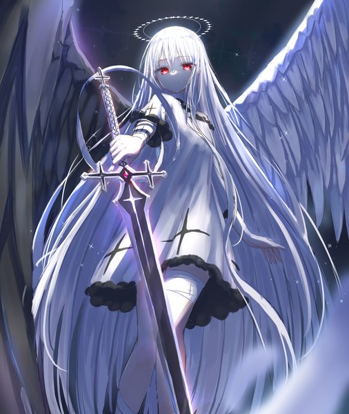 Anime picture 2758x3270 with original tokano 56 single tall image looking at viewer fringe highres hair between eyes red eyes holding white hair very long hair blurry off shoulder wide sleeves sparkle black wings white wings asymmetrical wings girl