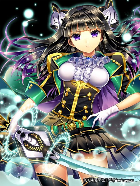 Anime picture 700x933 with junketsu duelion ells (ellsat) single long hair tall image fringe black hair purple eyes blunt bangs magic girl thighhighs dress gloves weapon black thighhighs sword white gloves jewelry brooch