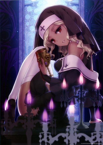 Anime picture 2660x3750 with original an2a single long hair tall image looking at viewer highres blonde hair red eyes bare shoulders scan nun girl thighhighs white thighhighs blood candle (candles)