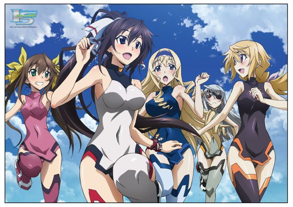 Anime picture 1200x851 with infinite stratos 8bit charles dunois laura bodewig cecilia orcott shinonono houki fang linyin long hair blush open mouth blue eyes black hair blonde hair brown hair purple eyes twintails multiple girls green eyes cloud (clouds) ponytail