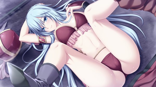 Anime picture 1280x720 with tenbin no la dea eushully roka luscort single long hair looking at viewer blue eyes light erotic wide image blue hair game cg spread legs legs underwear only girl navel underwear panties boots lingerie