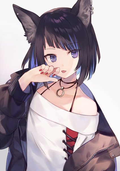 Anime picture 700x991 with original shugao single tall image looking at viewer fringe short hair blue eyes black hair animal ears payot blue hair upper body blunt bangs nail polish head tilt multicolored hair cat ears off shoulder open jacket