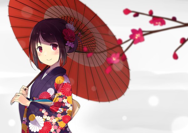 Anime picture 1500x1060 with original sutorora single blush fringe short hair simple background smile red eyes brown hair holding payot looking away upper body long sleeves traditional clothes japanese clothes hair flower grey background wide sleeves