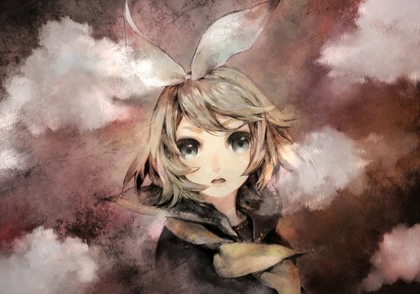 Anime picture 1500x1050 with vocaloid kagamine rin ameiro (artist) single short hair open mouth blonde hair cloud (clouds) grey eyes looking up girl bow hair bow