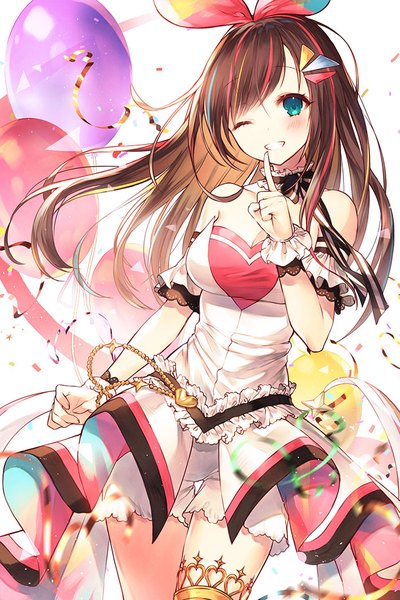 Anime picture 700x1050 with virtual youtuber a.i. channel kizuna ai kizuna ai (anniversary) kh (kh 1128) single long hair tall image looking at viewer blush fringe breasts simple background smile hair between eyes brown hair standing bare shoulders cleavage one eye closed
