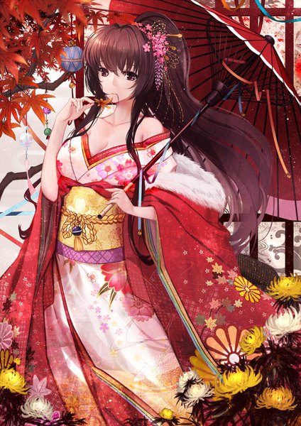Anime picture 1000x1414 with kantai collection yamato super battleship cloudy.r single long hair tall image fringe hair between eyes brown hair standing bare shoulders holding brown eyes payot looking away cleavage ponytail traditional clothes japanese clothes hair flower