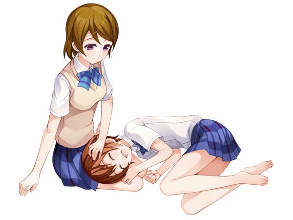 Anime picture 1000x750 with love live! school idol project sunrise (studio) love live! hoshizora rin koizumi hanayo torigoe takumi short hair simple background brown hair white background purple eyes multiple girls eyes closed barefoot girl skirt uniform 2 girls school uniform miniskirt