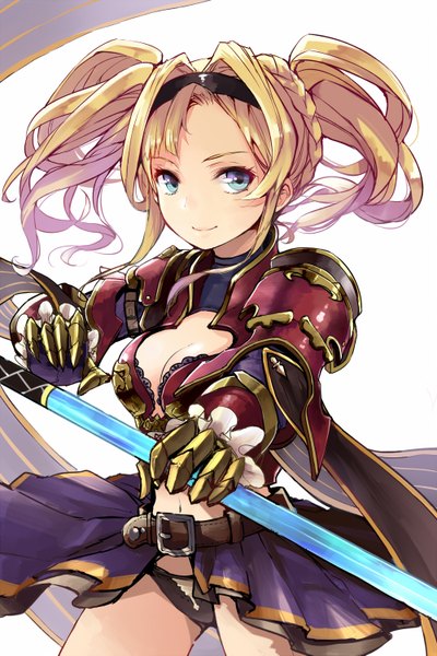 Anime picture 1000x1499 with granblue fantasy zeta (granblue fantasy) minato (shouno) single long hair tall image looking at viewer fringe breasts blue eyes light erotic blonde hair smile standing twintails holding pink hair braid (braids) pleated skirt glowing weapon