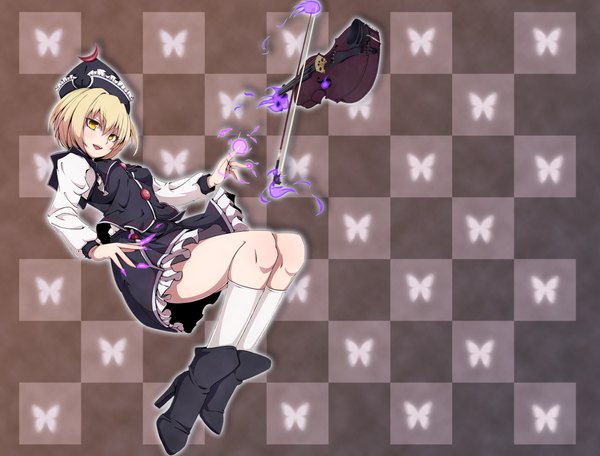 Anime picture 4723x3595 with touhou lunasa prismriver nikka (cryptomeria) single highres short hair blonde hair yellow eyes absurdres magic checkered background girl hat socks boots white socks musical instrument violin bow (instrument)