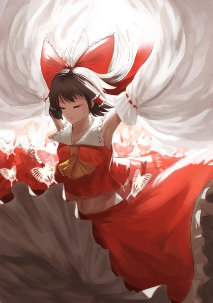 Anime picture 965x1372 with touhou hakurei reimu berabou single tall image fringe short hair brown hair standing eyes closed traditional clothes japanese clothes wind wide sleeves arms up bare belly armpit (armpits) miko girl skirt
