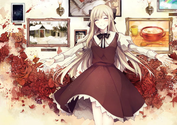 Anime picture 3035x2150 with original fujikawa (honomayu) single long hair blush highres blonde hair smile standing absurdres eyes closed puffy sleeves spread arms snow ^ ^ girl dress flower (flowers) bow hair bow