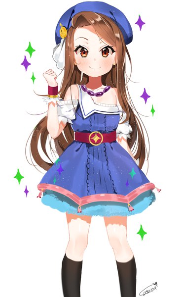 Anime picture 2148x3507 with idolmaster idolmaster (classic) minase iori dr poapo single long hair tall image looking at viewer highres simple background smile brown hair white background brown eyes signed palace of dragon (idolmaster) girl dress hat socks