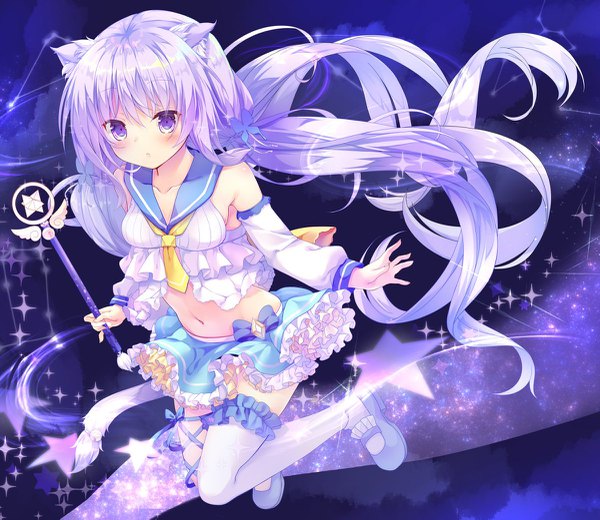 Anime picture 1200x1041 with original kinokomushi single blush twintails purple eyes animal ears looking away purple hair tail very long hair animal tail cat ears sparkle cat tail low twintails jumping magical girl girl thighhighs