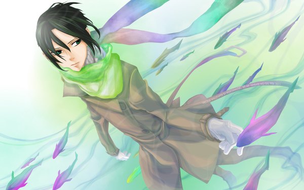 Anime picture 2560x1600 with nabari no ou j.c. staff yoite rideonmusic single highres short hair black hair wide image green eyes boy gloves scarf fish (fishes) coat