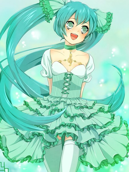 Anime picture 2000x2666 with vocaloid hatsune miku single long hair tall image blush fringe highres open mouth twintails green eyes absurdres very long hair aqua hair zettai ryouiki thigh gap blue background hands behind back girl thighhighs