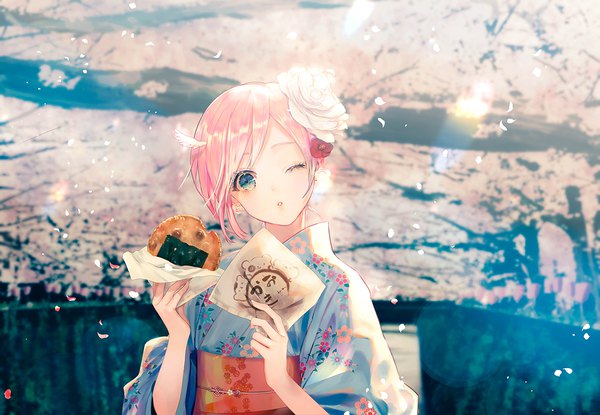 Anime picture 1110x768 with original say hana single looking at viewer fringe short hair blue eyes holding pink hair upper body outdoors traditional clothes parted lips head tilt japanese clothes one eye closed hair flower wide sleeves cherry blossoms spring