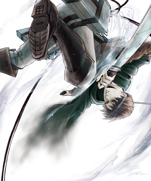 Anime picture 1000x1200 with shingeki no kyojin production i.g levi (rivaille) ihciuy0211 single tall image short hair brown hair green eyes signed looking away steam upside down boy weapon sword cape knee boots