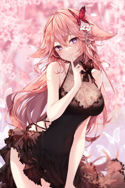 Anime picture 1364x2048 with genshin impact yae miko taya oco single tall image looking at viewer blush fringe breasts light erotic smile hair between eyes large breasts standing purple eyes bare shoulders animal ears payot pink hair outdoors