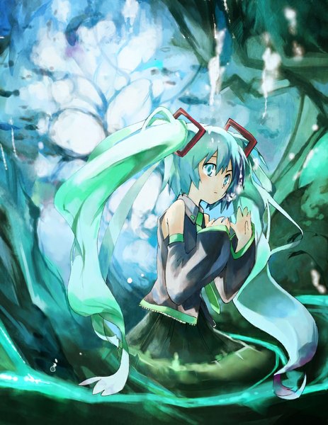 Anime picture 695x900 with vocaloid hatsune miku ogawa maiko single long hair tall image blush twintails bare shoulders looking away aqua eyes aqua hair girl detached sleeves bubble (bubbles)
