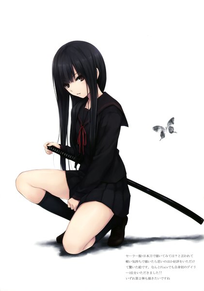 Anime picture 2459x3500 with original coffee-kizoku single long hair tall image highres black hair simple background white background brown eyes scan girl weapon sword socks katana insect black socks butterfly