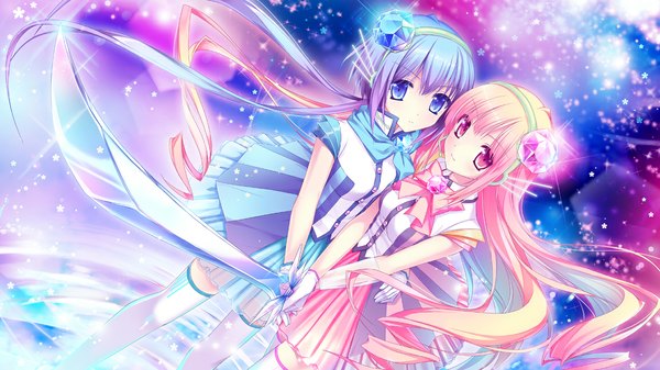 Anime picture 1155x650 with vocaloid aoki lapis merli (vocaloid) kimishima ao short hair blue eyes blonde hair wide image multiple girls blue hair very long hair pink eyes light smile hug drill hair light girl thighhighs dress gloves