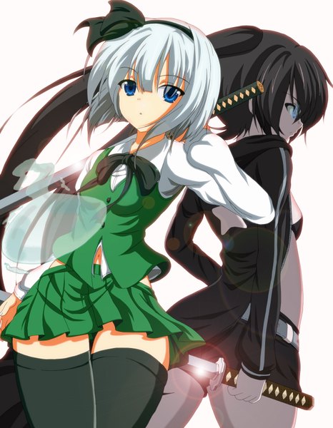 Anime picture 1314x1692 with black rock shooter touhou konpaku youmu black rock shooter (character) dr. cryptoso long hair tall image short hair blue eyes black hair twintails multiple girls white hair crossover girl thighhighs skirt weapon black thighhighs 2 girls