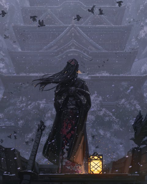 Anime picture 3996x4995 with original guweiz single long hair tall image highres black hair standing absurdres full body outdoors traditional clothes japanese clothes wind from behind realistic light snowing sheathed architecture