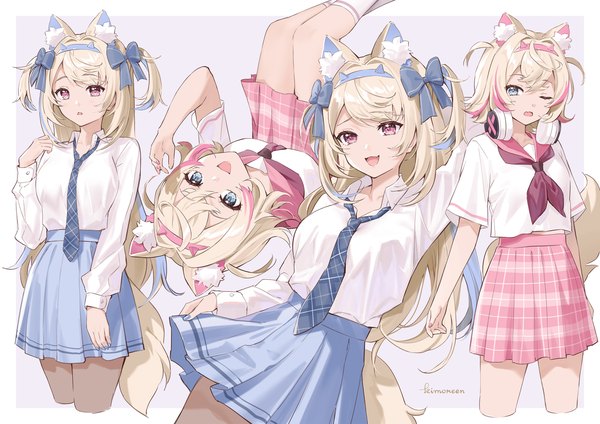 Anime picture 2828x2000 with virtual youtuber hololive hololive english mococo abyssgard fuwawa abyssgard kimopoleis long hair highres short hair open mouth blue eyes blonde hair multiple girls animal ears tail :d animal tail pink eyes two side up border