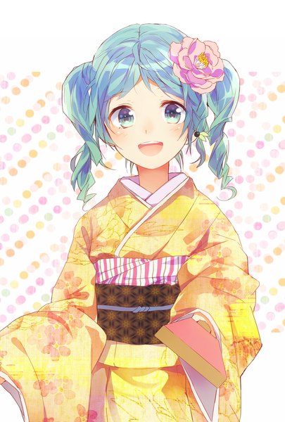 Anime picture 1000x1480 with vocaloid hatsune miku minami haruya single tall image looking at viewer blush short hair open mouth smile twintails holding green eyes braid (braids) traditional clothes japanese clothes hair flower aqua hair teeth single braid