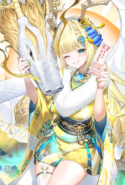 Anime picture 1378x2039 with original kiramarukou single long hair tall image looking at viewer fringe blue eyes blonde hair smile blunt bangs nail polish traditional clothes japanese clothes one eye closed horn (horns) grin new year fantasy dragon girl