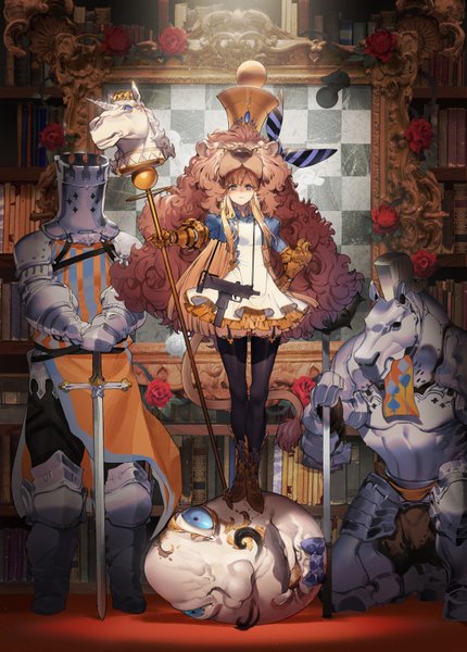 Anime picture 1169x1632 with alice in wonderland alice (wonderland) ryota-h long hair tall image looking at viewer fringe blue eyes brown hair standing holding full body hand on hip light shaded face serious girl thighhighs dress flower (flowers)