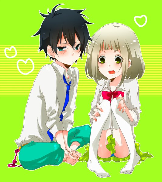 Anime picture 916x1031 with ao no exorcist a-1 pictures okumura rin moriyama shiemi tagme (artist) tall image blush short hair open mouth blue eyes light erotic black hair blonde hair simple background sitting green eyes looking away pointy ears pantyshot pantyshot sitting