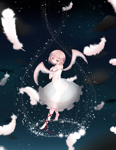 Anime picture 1140x1483 with touhou mystia lorelei single tall image short hair red eyes pink hair looking back barefoot night night sky girl dress wings star (stars) feather (feathers)