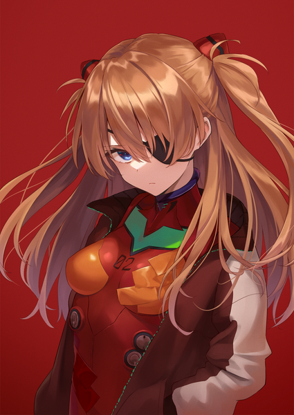 Anime picture 1000x1412 with neon genesis evangelion rebuild of evangelion evangelion: 3.0 you can (not) redo gainax soryu asuka langley shikinami asuka langley azuuru single long hair tall image looking at viewer fringe breasts blue eyes simple background brown hair upper body open jacket two side up red background