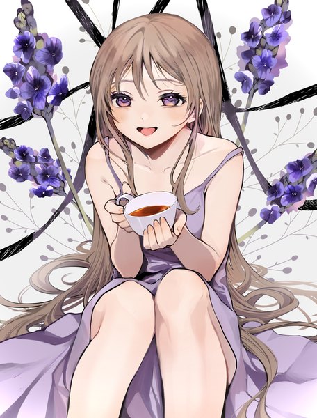 Anime picture 2364x3111 with original hana (h6n6 matsu) tall image highres open mouth brown hair sitting purple eyes looking away very long hair :d sleeveless strap slip floral background dress flower (flowers) cup teacup purple dress tea