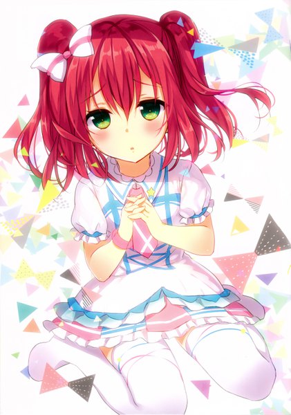 Anime picture 4253x6061 with love live! sunshine!! sunrise (studio) love live! kurosawa ruby yadapot single tall image looking at viewer blush fringe highres short hair hair between eyes sitting green eyes absurdres red hair scan two side up puffy sleeves