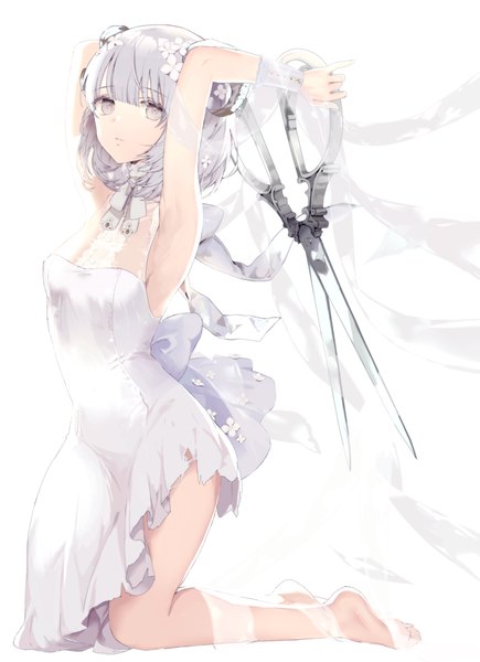 Anime picture 900x1241 with original yukisame single tall image looking at viewer fringe short hair breasts simple background white background holding full body blunt bangs parted lips barefoot hair flower horn (horns) grey hair arms up armpit (armpits)