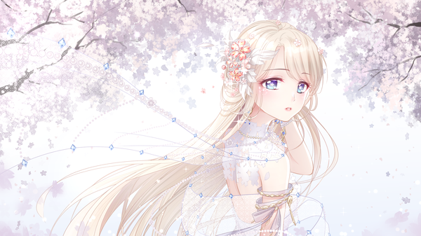 Anime picture 1920x1080 with miracle nikki karen (navy 42) single long hair looking at viewer blush fringe highres blue eyes simple background blonde hair wide image standing white background bare shoulders upper body parted lips wind cherry blossoms symbol-shaped pupils