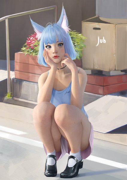 Anime picture 1191x1684 with original lizha (jubi) jubi (regiana) single tall image looking at viewer fringe short hair blue eyes light erotic bare shoulders signed blue hair full body realistic bare legs lipstick squat red lipstick street