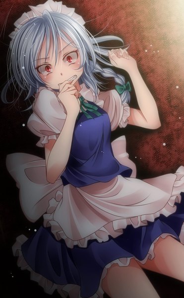 Anime picture 2894x4682 with touhou izayoi sakuya s-syogo single tall image highres short hair red eyes silver hair lying braid (braids) maid twin braids girl bow hair bow headdress maid headdress apron