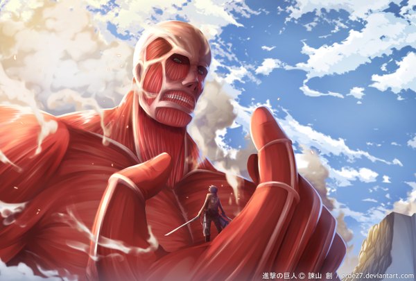 Anime picture 2960x2000 with shingeki no kyojin production i.g eren yaeger bertolt hoover colossal titan erde27 highres short hair black hair holding sky cloud (clouds) grey eyes coloring smoke muscle dual wielding giant boy weapon