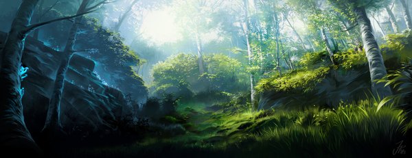 Anime picture 2000x773 with cat-meff highres wide image no people landscape plant (plants) tree (trees) grass forest stone (stones) bushes mushroom (mushrooms)